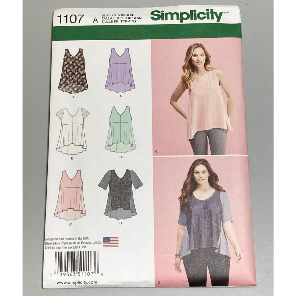 Simplicity 1107 Misses Womens Tops High Low Hems XXS-XXL Sz 4-26 Plus UNCUT
